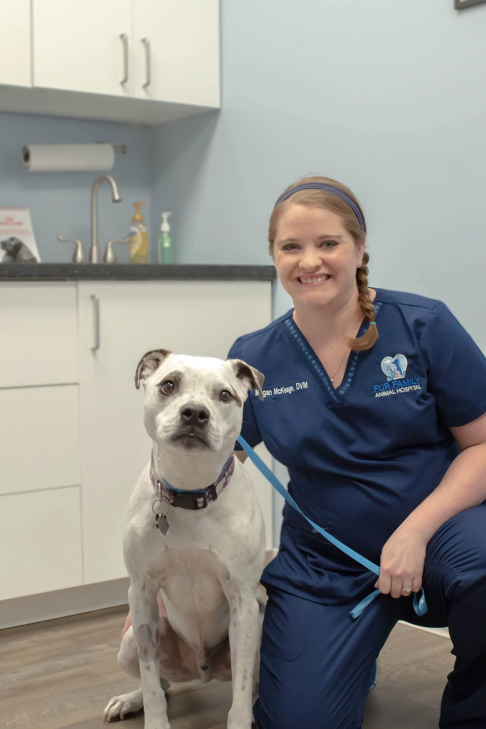 Veterinary team sitting with a patient on the floor