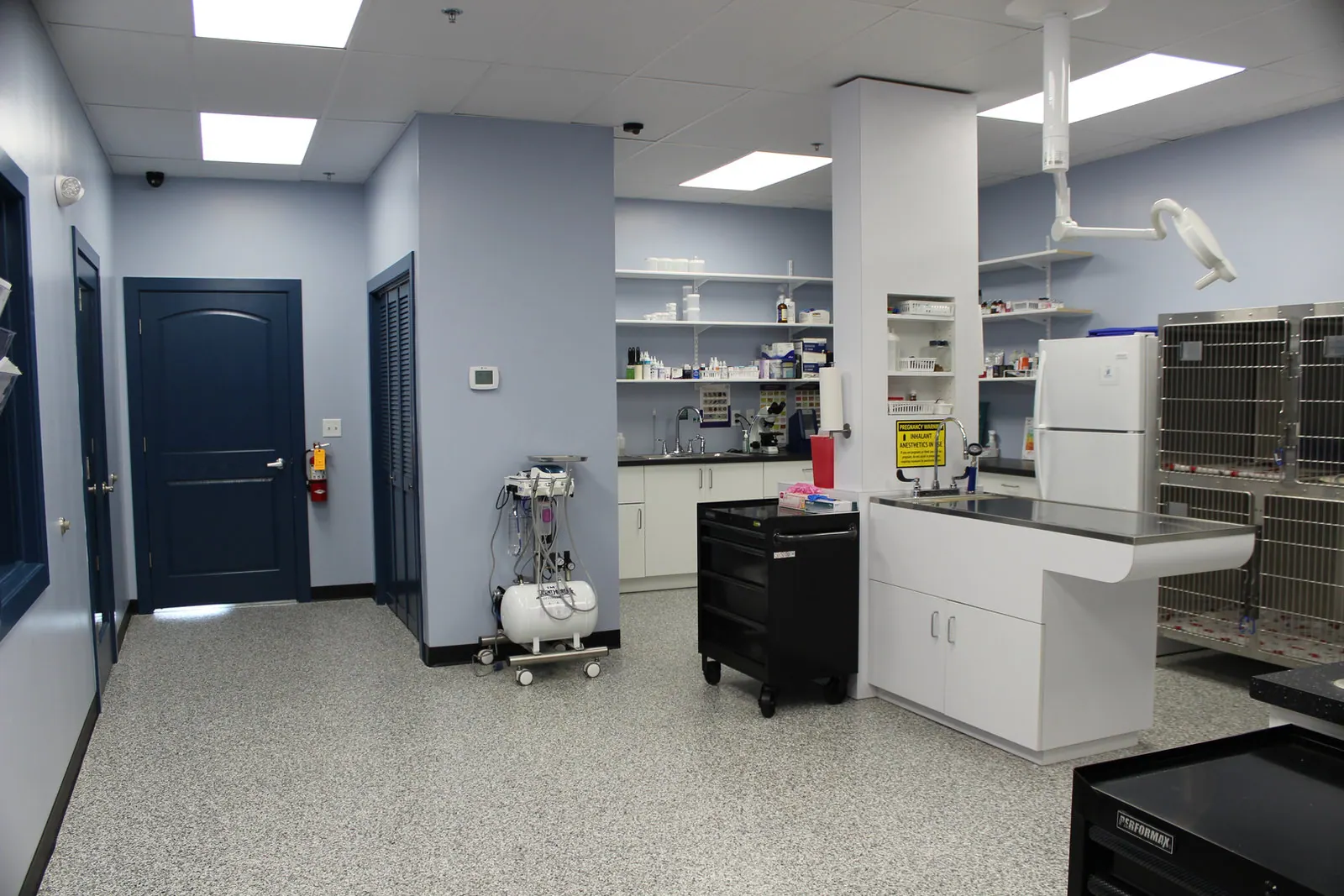 Treatment area with anesthesia machine, surgical light, and supply shelving