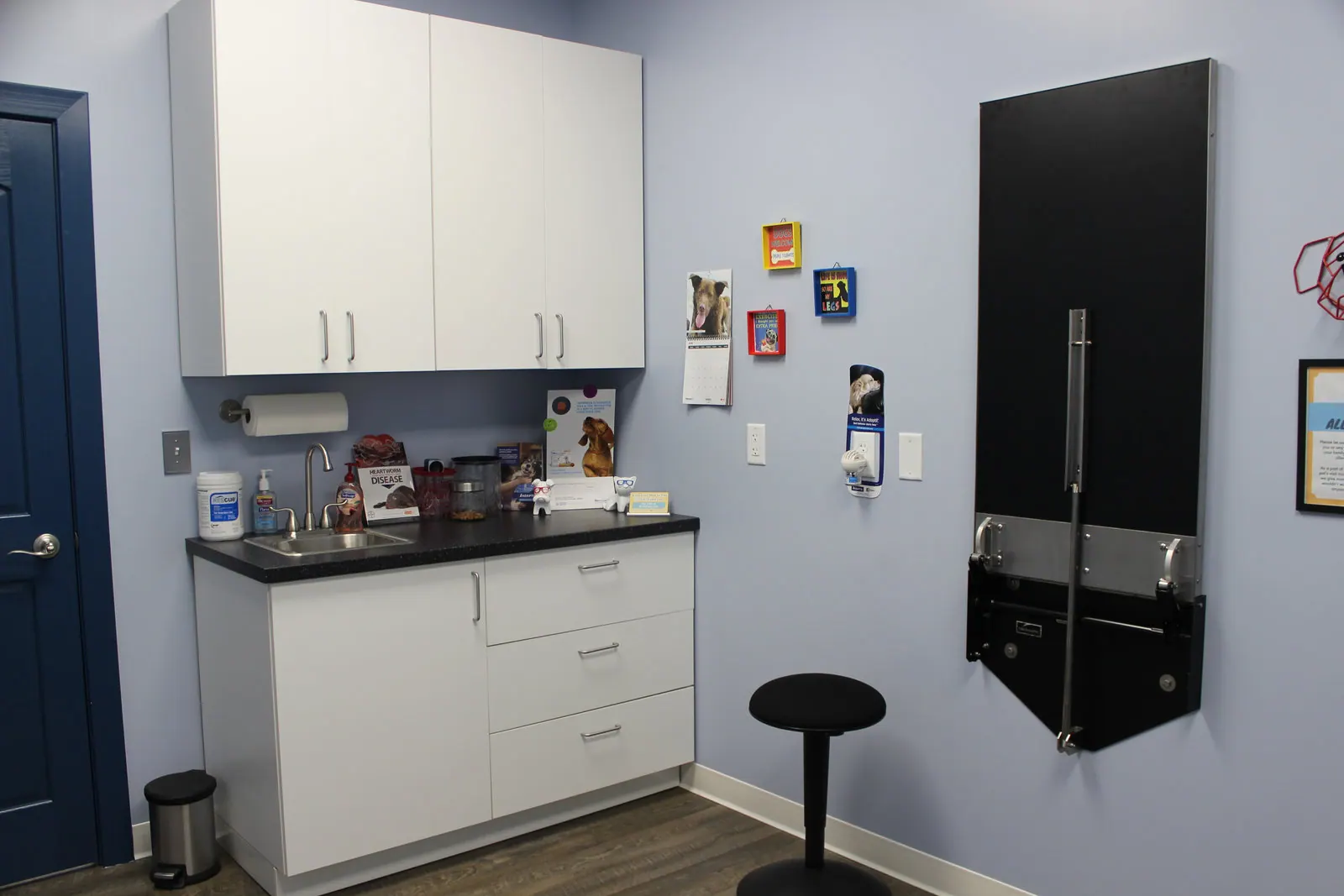 Exam room with sink, supply cabinets, and folded wall-mounted exam table